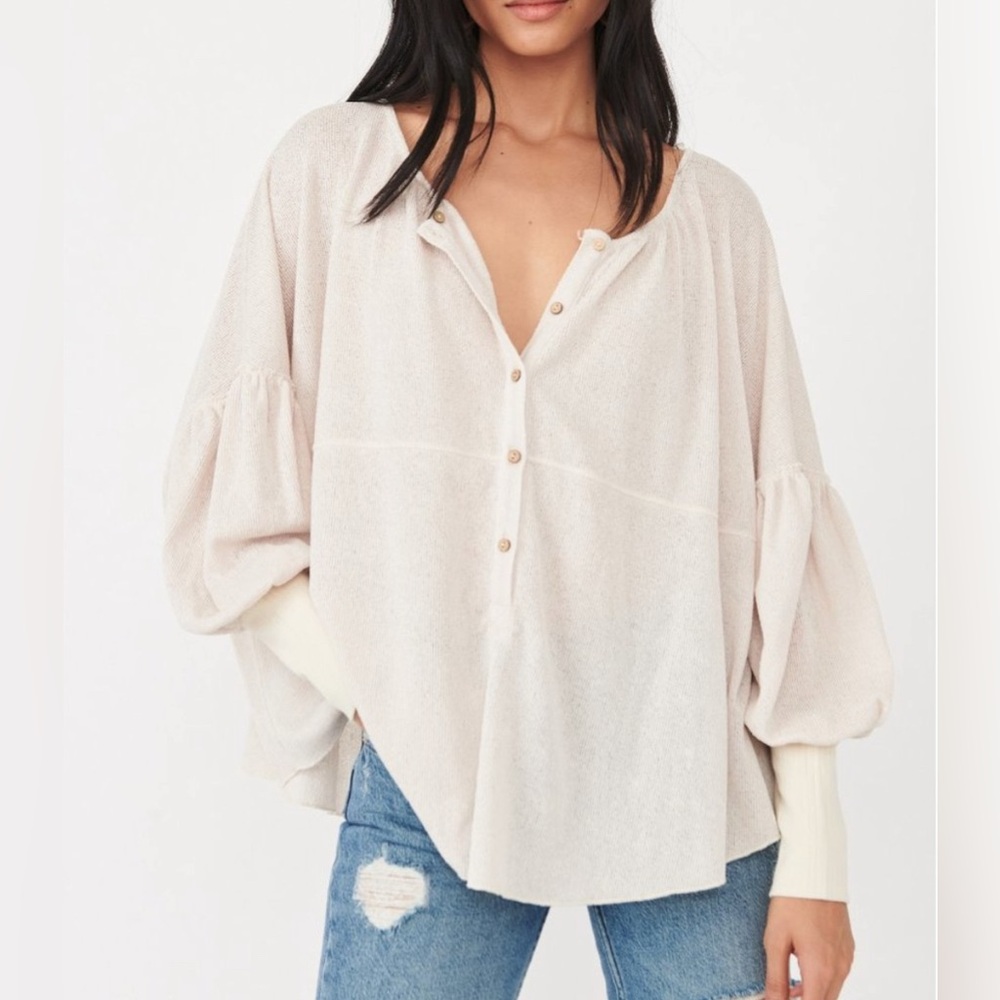 Free People Cream Button-Front Balloon Sleeve Top